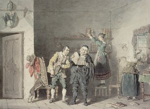 Der Priester und der Barbier, mit Don Quixotes Haushälterin und Nichte, die die Bibliothek des Don von Ritterromanen säubern